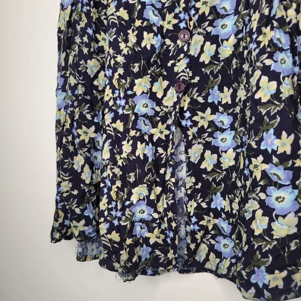 Vintage Ship'n Shore Floral Blue A-line Midi Skirt Buttons M